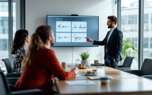 La signature électronique : un levier de transformation numérique une-reunion-daffaires-avec-des-professionnels-examinant-des-signatures-numeriques-affichees-sur-des-ecrans-dans-une-salle-de-conference-moderne-avec-une-atmosphere-lumineuse-favorisant-la-col