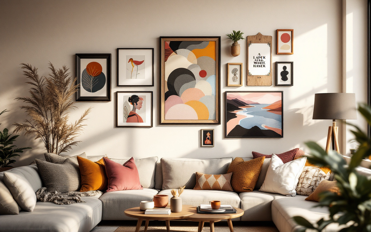 Une composition murale décorative avec diverses œuvres d'art, comprenant des peintures colorées, des cadres stylés et des sculptures uniques, dans un salon confortable, baigné par une lumière naturelle chaleureuse.