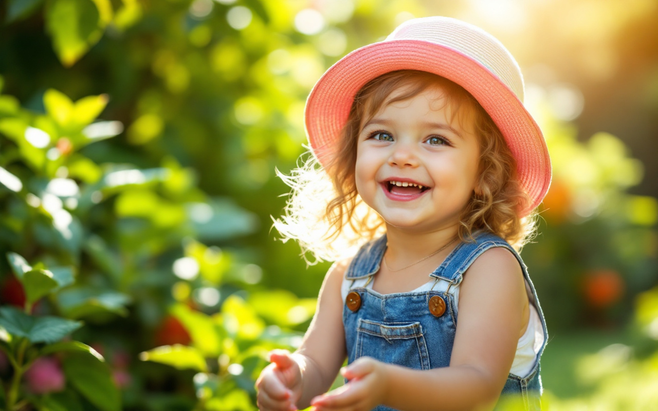 Un enfant joyeux jouant sous le soleil, portant un chapeau coloré, dans un jardin verdoyant baigné par une lumière douce et chaleureuse.