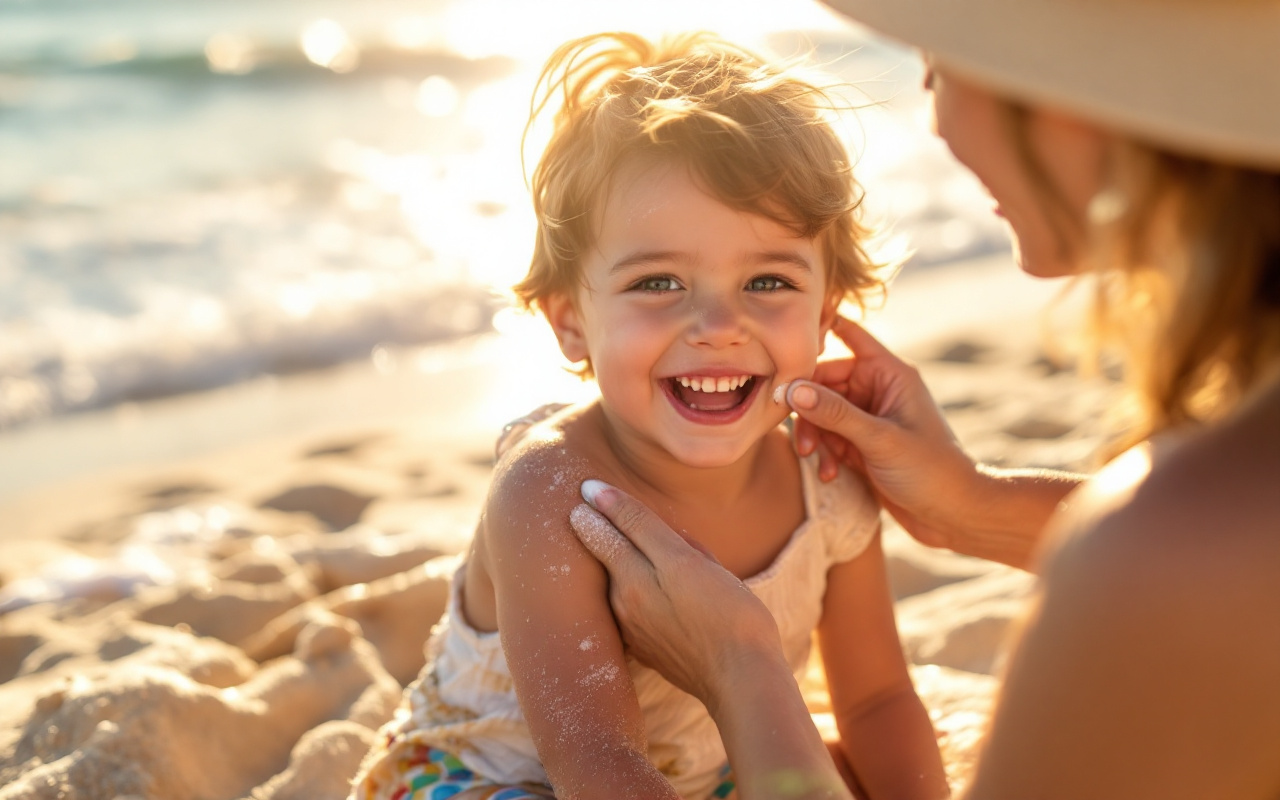Un parent applique de la crème solaire sur son enfant sur une plage ensoleillée, avec des vagues douces et du sable clair, capturant un moment joyeux et protecteur.