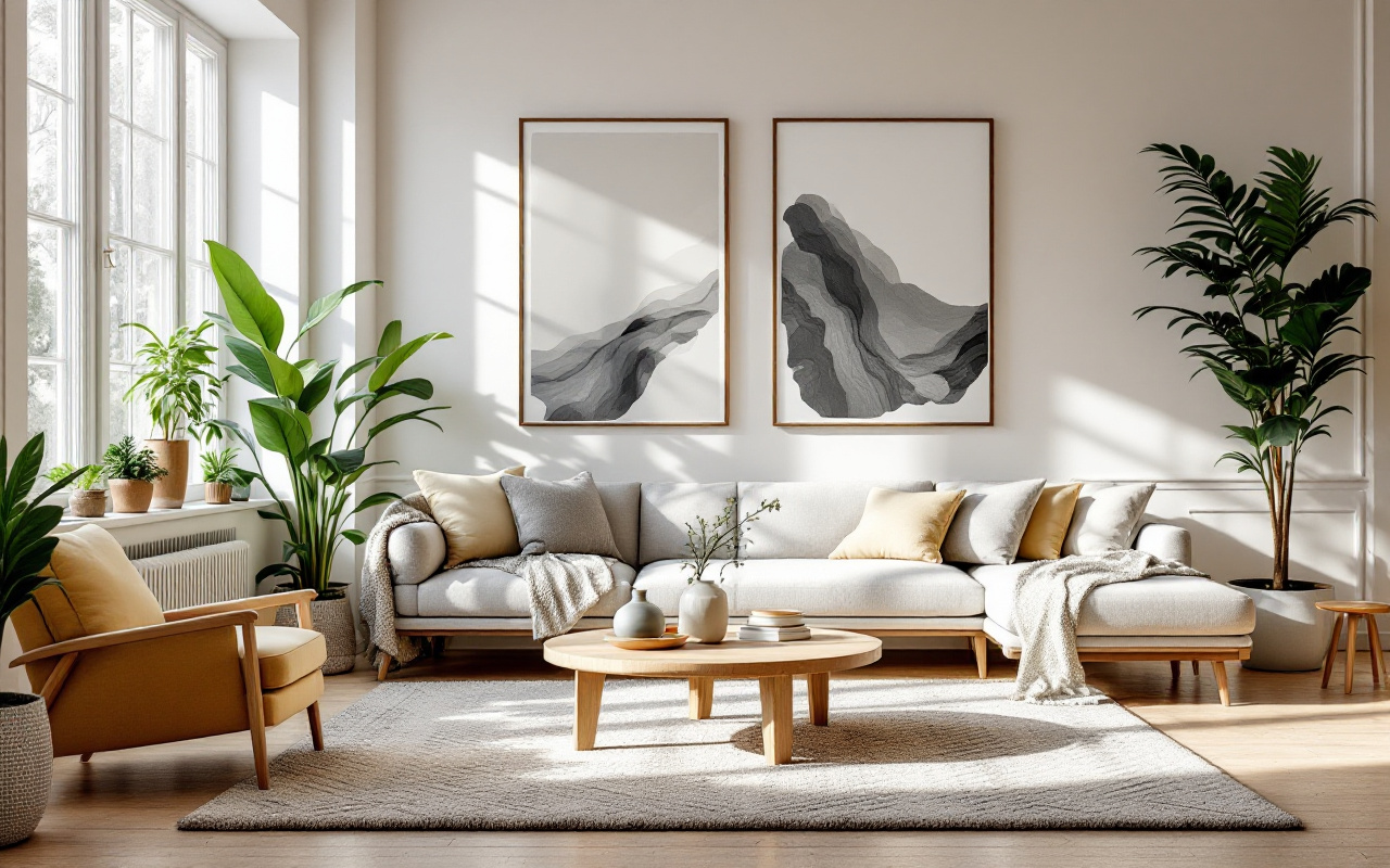 Une vue d'un salon moderne avec une décoration murale équilibrée, comprenant un canapé confortable, une table basse élégante et des œuvres d'art sur les murs, le tout baigné dans la lumière naturelle du soleil.