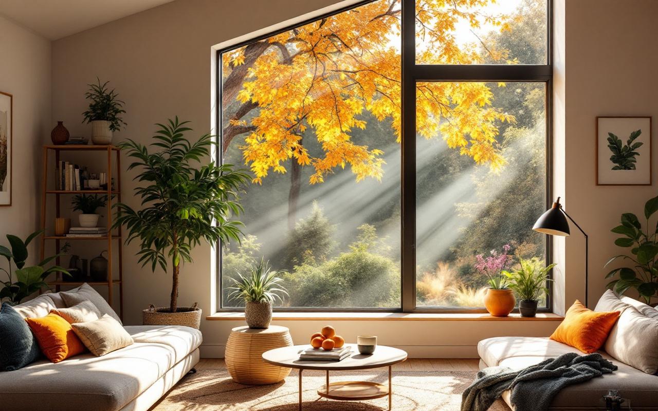 Une installation de fenêtre moderne dans un intérieur chaleureux, baignée de lumière naturelle, créant une atmosphère accueillante avec des meubles confortables.