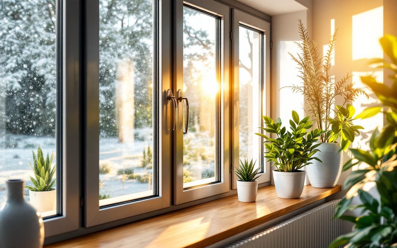 Image illustrant des fenêtres écoénergétiques avec double vitrage, éclairées par une lumière matinale, montrant les reflets et textures du verre dans un cadre moderne, avec des touches de verdure à l'extérieur.