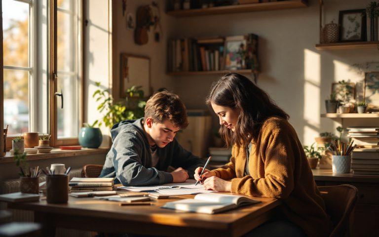 un-etudiant-assis-a-un-bureau-en-bois-en-train-detudier-avec-un-tuteur-prive-dans-une-chambre-detude-chaleureuse-des-livres-et-du-materiel-scolaire-eparpilles-autour-eclairage-naturel-et-ambi