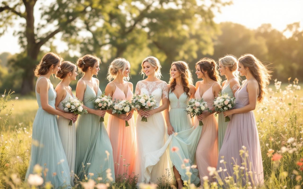 groupe-de-demoiselles-dhonneur-en-robes-pastel-variees-dans-un-jardin-en-plein-air-tenant-des-bouquets-delicats-et-posant-naturellement-sous-une-lumiere-douce-de-fin-dapres-midi-avec-pelouse