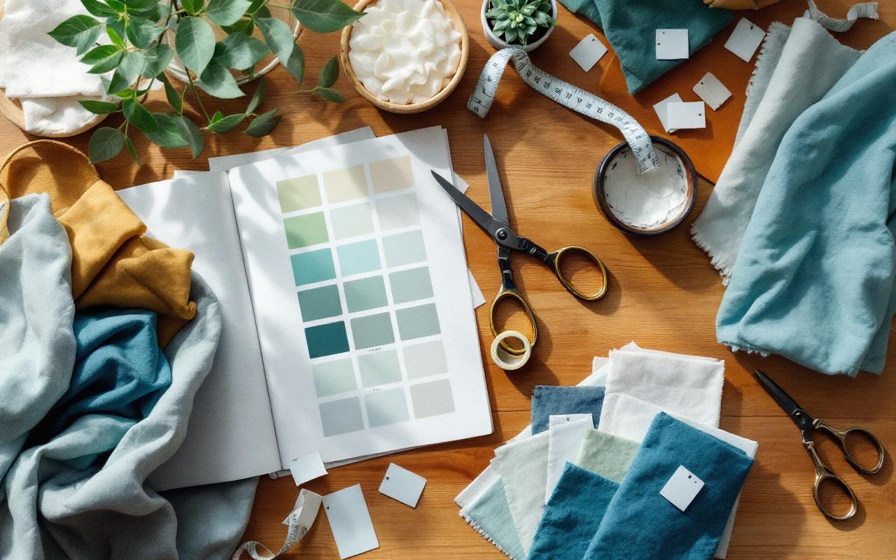 Vue en plongée d'un flat lay de carrés d'échantillons de tissu et d'une palette de couleurs posés sur une table en bois, avec ciseaux, mètre ruban et étiquettes disposés autour, textures visibles et plis, lumière naturelle douce créant de légères ombres, ambiance calme et créative, tons bleus et verts dominants.
