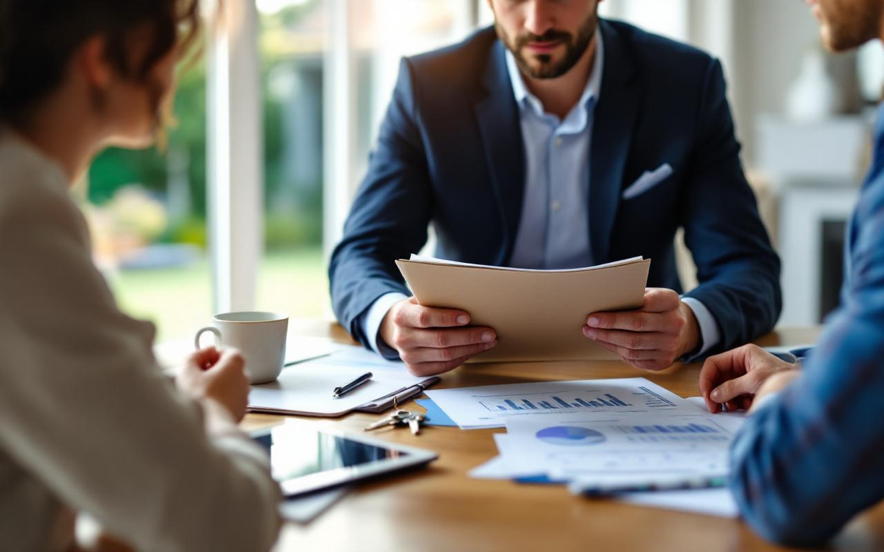 Agent immobilier pr&eacute;sentant des documents de propri&eacute;t&eacute; &agrave; des clients dans un salon moderne, documents et cl&eacute;s sur la table, lumi&egrave;re naturelle douce, tons bleus et verts.