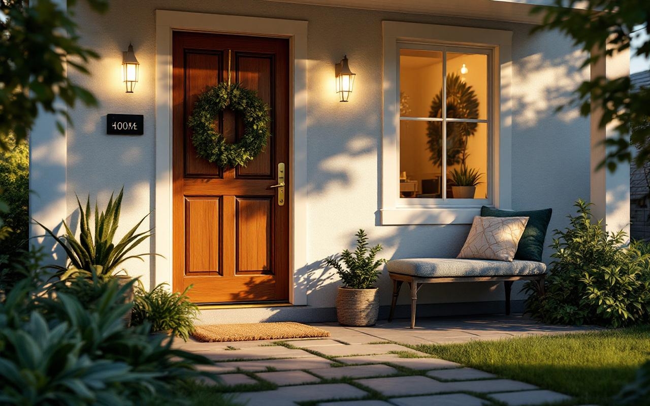 entree-de-maison-accueillante-avec-un-petit-porche-en-pierre-porte-en-bois-a-poignee-en-laiton-paillasson-texture-et-plantes-en-pots-une-banquette-avec-coussins-eclairage-doux-et-chaleureux-a