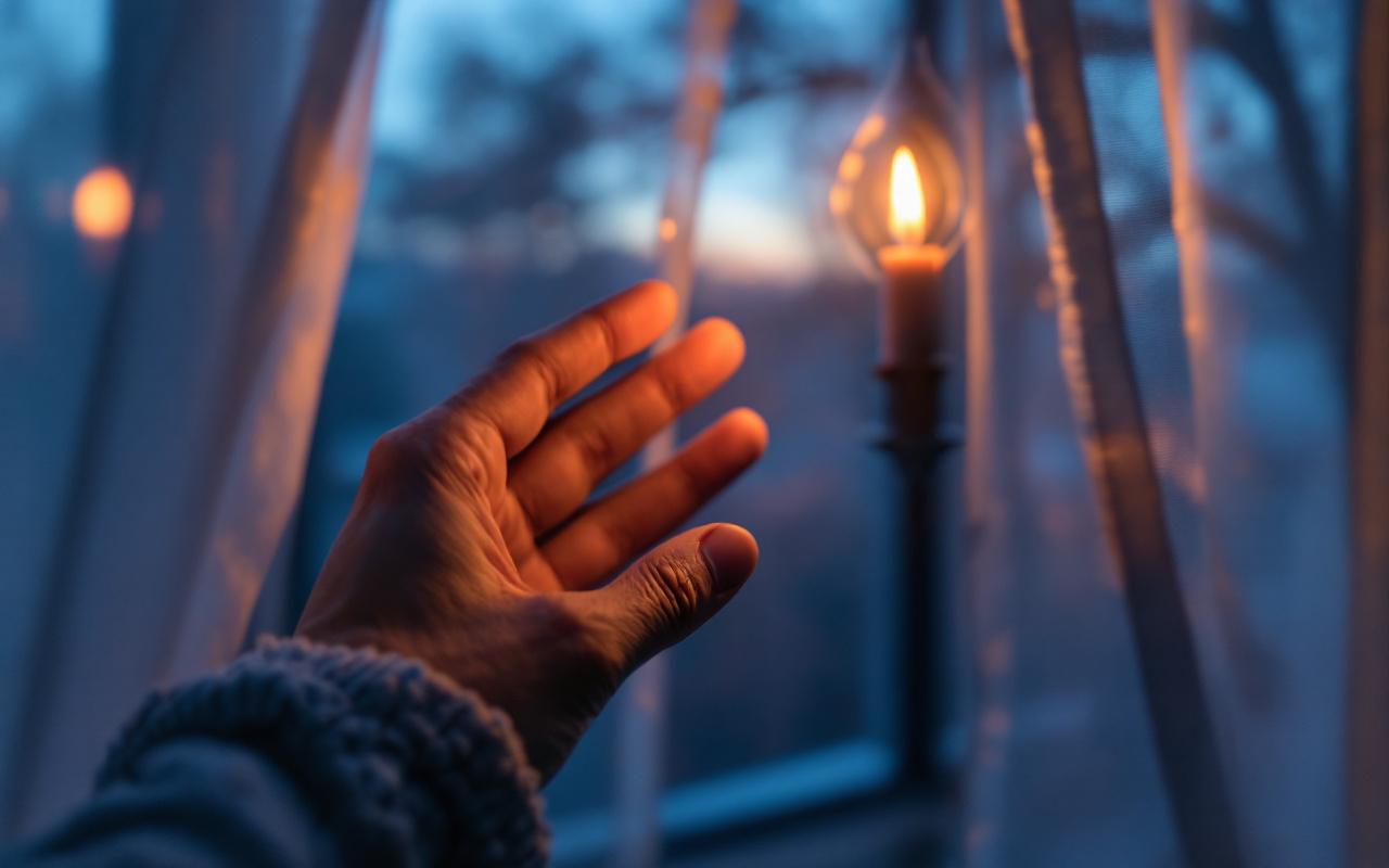 Main testant un courant d'air froid près d'une fenêtre, paume tenue devant une flamme de bougie; rideau translucide qui bouge légèrement, lumière chaude de la bougie contrastant avec l'ambiance bleutée du crépuscule.