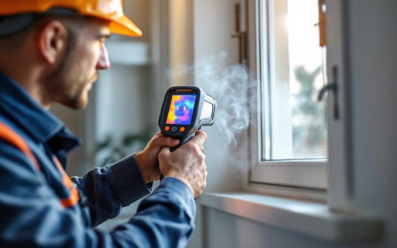 Technicien en tenue de travail inspecte le cadre d'une fenêtre à l'intérieur d'une maison pour détecter des fuites d'air, tenant une caméra thermique et un détecteur de fumée, éclairage naturel doux et tons chauds.