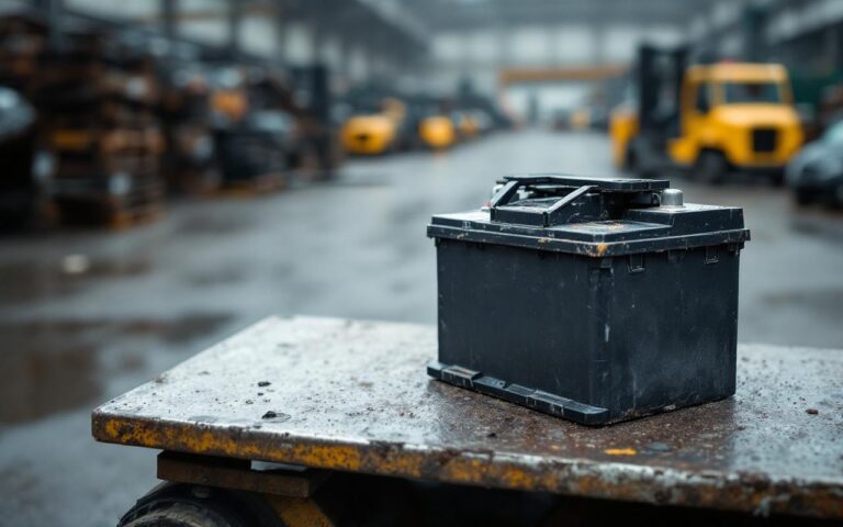Batterie de voiture usagée posée sur une balance dans une cour de recyclage automobile, ambiance réaliste et informative.