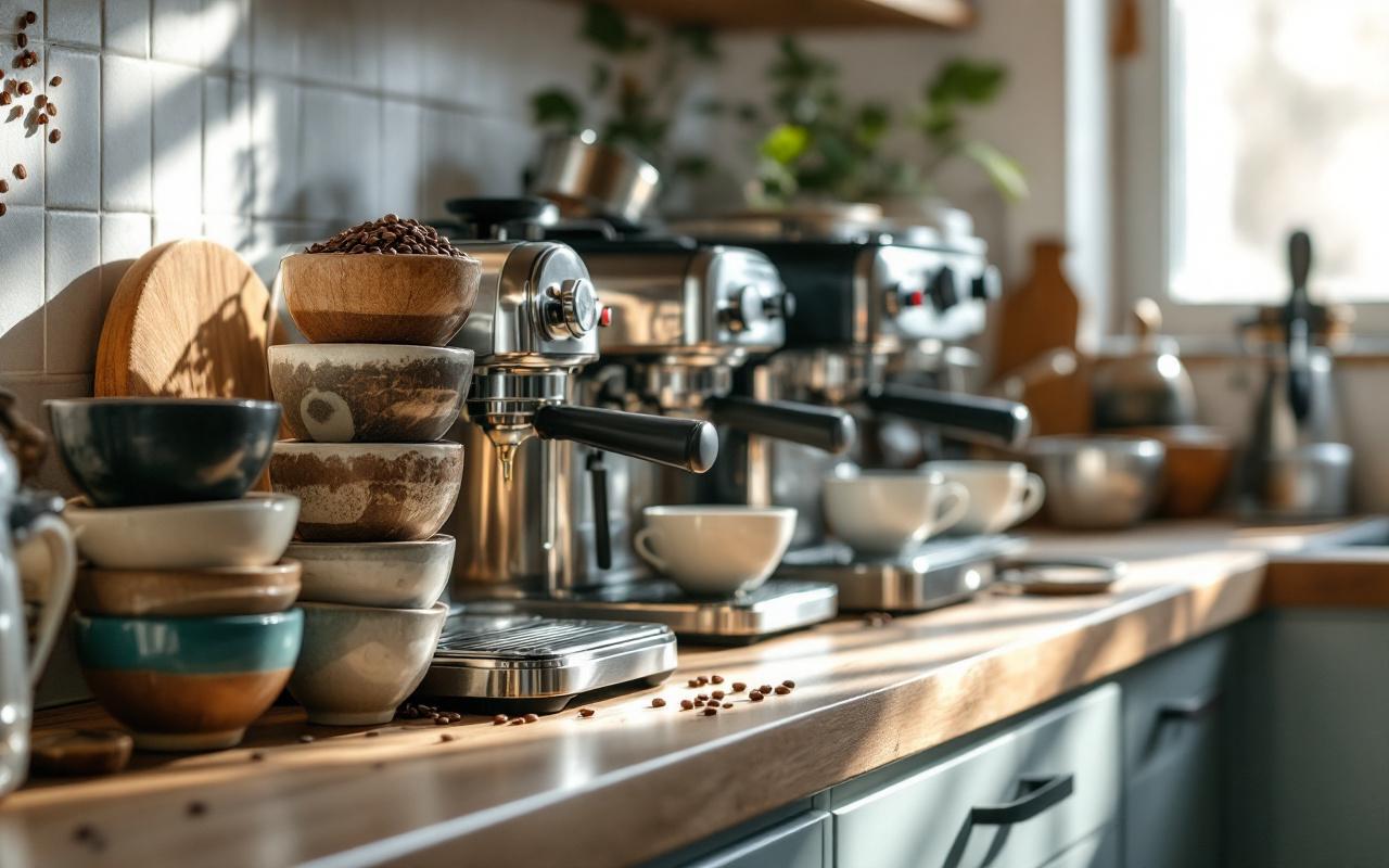 Plan de travail de cuisine avec plusieurs cafetières domestiques et des bols remplis de café en grain, éclairage naturel