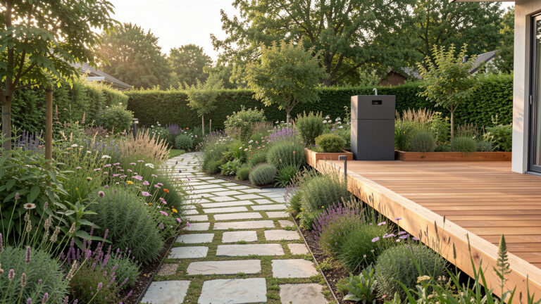 Jardin contemporain durable avec une allée perméable, des végétaux locaux, une terrasse en bois et un système de récupération d’eau de pluie.