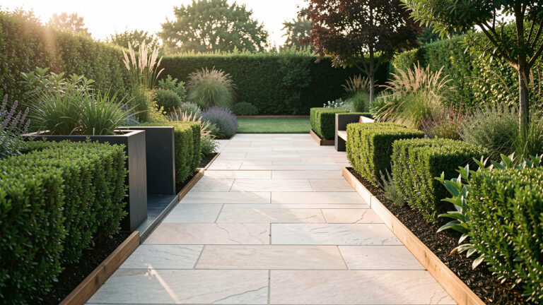 Terrasse et allée contemporaines dans un jardin soigné, éclairage lumineux, matériaux variés et végétation élégante.