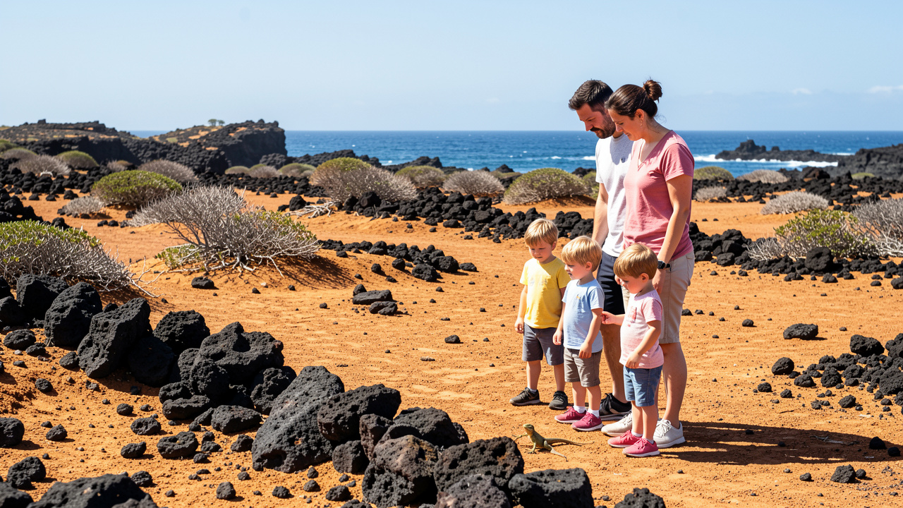Une mère, un père et deux enfants observent prudemment un petit lézard dans un paysage volcanique de Lanzarote.