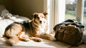 Chien récemment adopté se reposant calmement dans un appartement lumineux, près d’un panier et d’un sac de travail, dans une atmosphère rassurante.