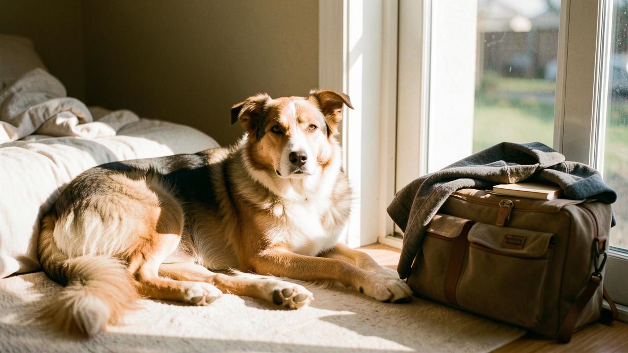 Chien récemment adopté se reposant calmement dans un appartement lumineux, près d’un panier et d’un sac de travail, dans une atmosphère rassurante.