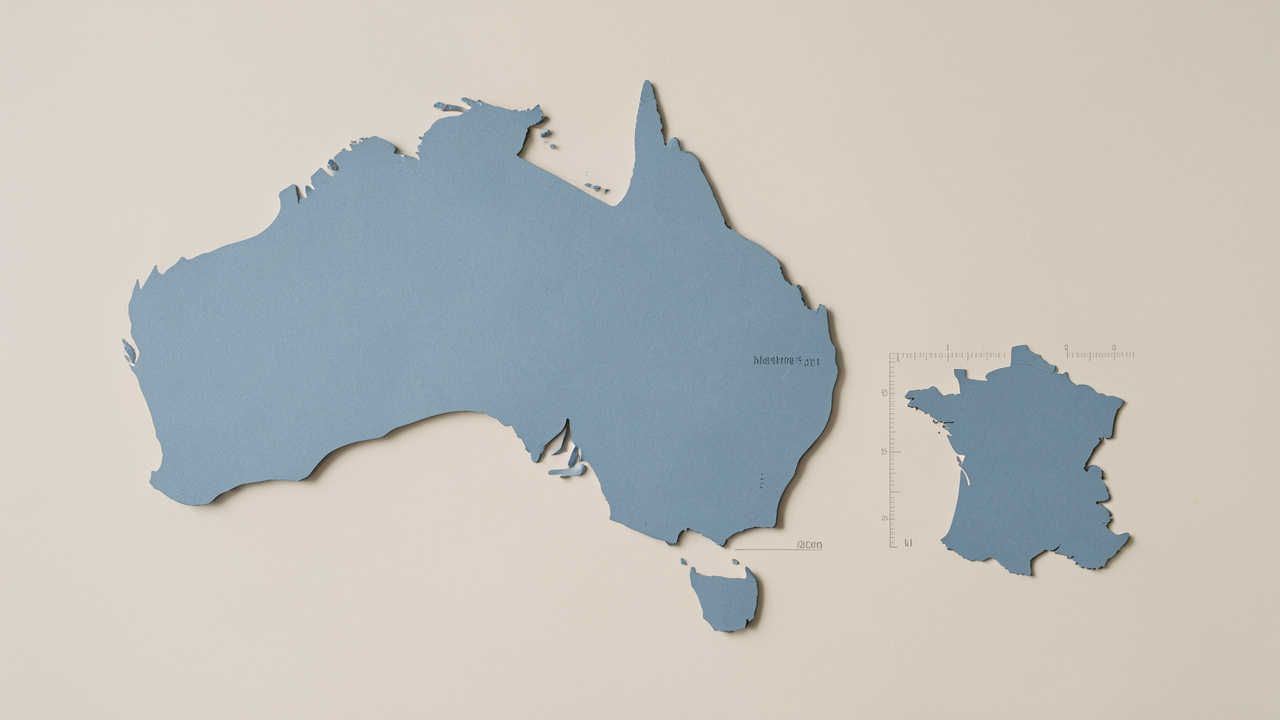 Silhouettes de l’Australie et de la France métropolitaine présentées côte à côte pour comparer visuellement leurs superficies.