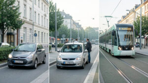 Comparer voiture, covoiturage et transports pour réduire son trajet domicile-travail Illustration comparative d’une voiture, d’un véhicule partagé et d’un tramway dans un environnement urbain pour représenter les choix de transport domicile-travail.