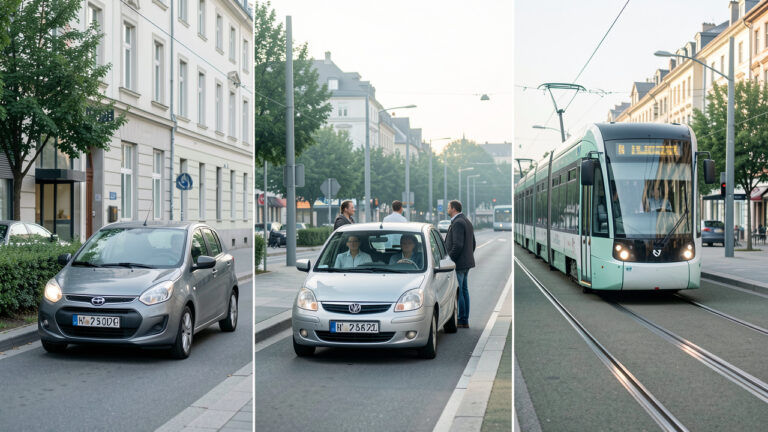 Illustration comparative d’une voiture, d’un véhicule partagé et d’un tramway dans un environnement urbain pour représenter les choix de transport domicile-travail.