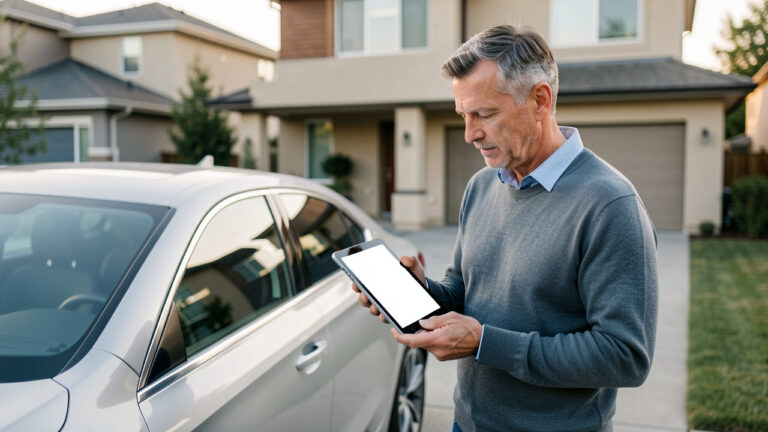 Un homme consulte son budget automobile sur une tablette à côté d’une voiture moderne garée devant une maison.