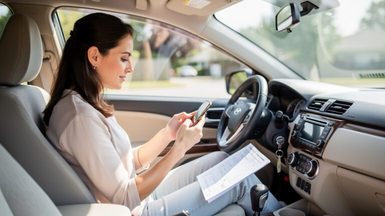 Conductrice assise dans une voiture compacte, consultant son smartphone près d’un document administratif automobile, dans une ambiance lumineuse et réaliste.