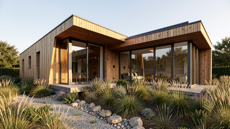 Maison écologique contemporaine à Magné, avec volumes atypiques en ossature bois, bardage Douglas, grandes ouvertures protégées du soleil et jardin naturel.