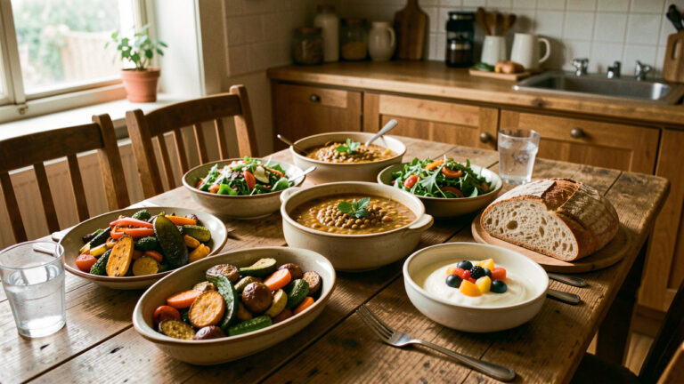 Repas familial végétarien composé de légumes rôtis, d’un mijoté de lentilles, d’une salade fraîche, de pain maison et d’un dessert aux fruits, présenté sur une table en bois.