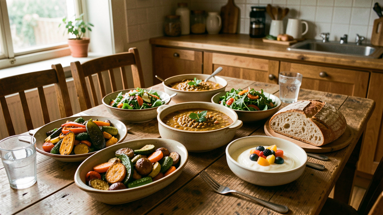 Repas familial végétarien composé de légumes rôtis, d’un mijoté de lentilles, d’une salade fraîche, de pain maison et d’un dessert aux fruits, présenté sur une table en bois.