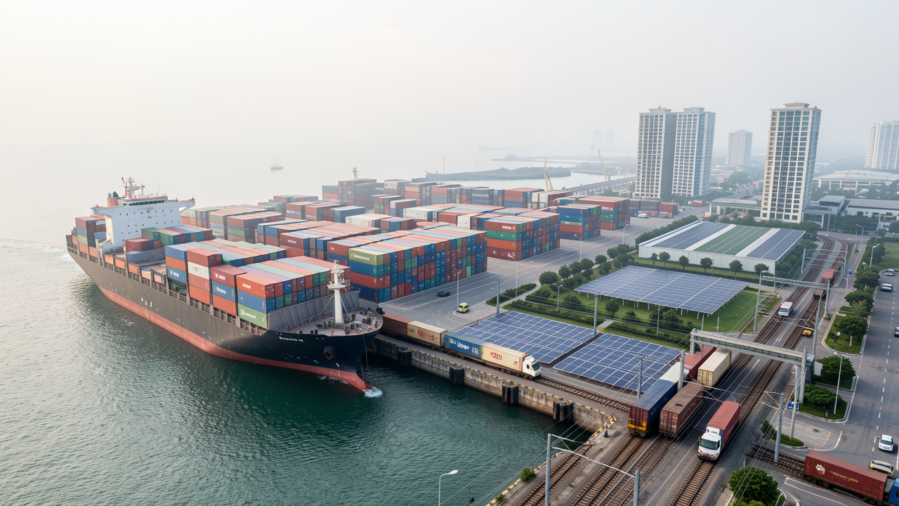 Port vietnamien moderne avec conteneurs colorés, navire cargo, voie ferrée électrifiée et équipements favorisant une logistique durable.