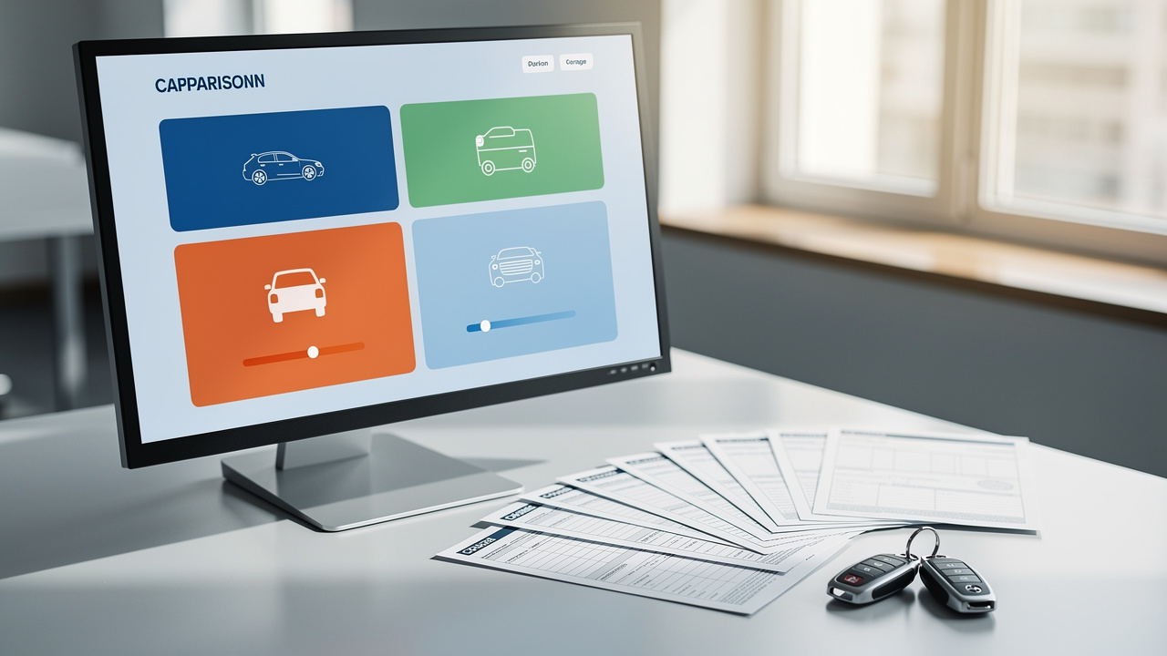 Écran d’ordinateur présentant une interface abstraite de comparaison d’assurances auto, avec documents de véhicule et clés de voiture sur un bureau.