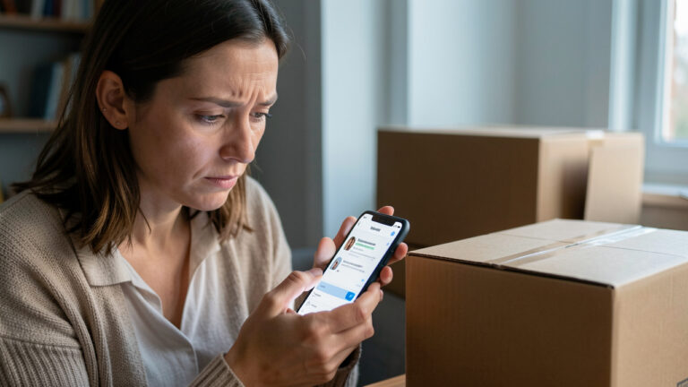 Une femme examine prudemment son téléphone à côté d’un colis en carton non ouvert afin de repérer une possible arnaque avant de payer.