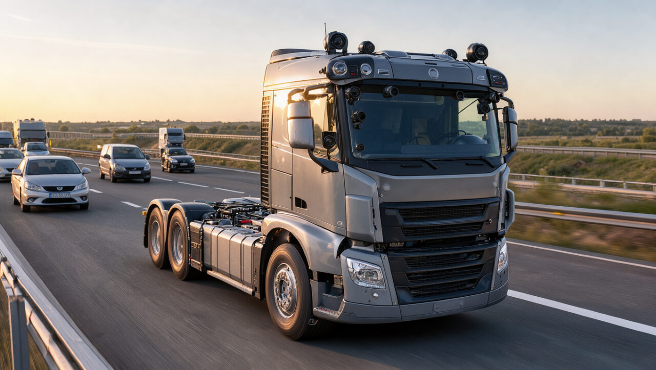 Poids lourd autonome moderne équipé de capteurs visibles sur la cabine, circulant sur une autoroute française dans un trafic réaliste sous une lumière matinale.