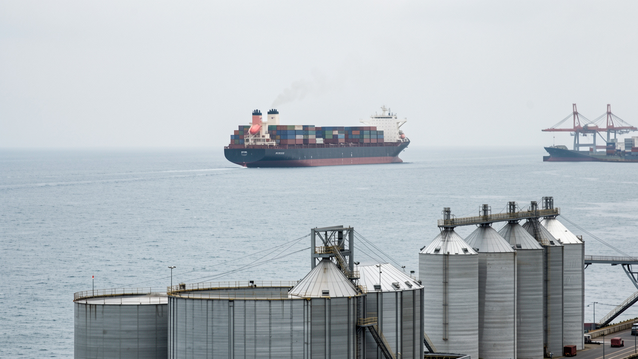 Un vraquier chargé de céréales quitte un port européen, avec de grands silos au premier plan et une mer calme sous une lumière naturelle.